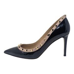 Valentino Rockstud 85mm black patent nude blush goldtone studded pump heels 38